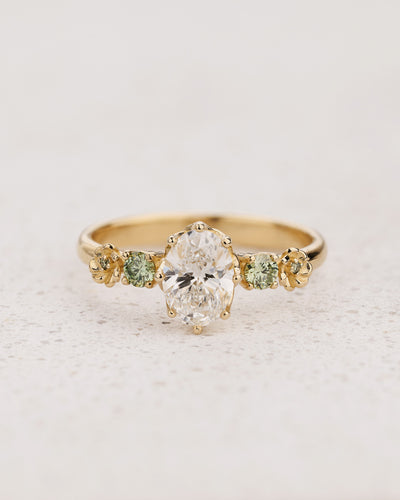 READY TO SHIP Fiorella Engagement Ring with Oval Diamond and Green Diamond Accents, 14K yellow gold, RING SIZES 7.5 - 10.5 US - Eden Garden Jewelry™