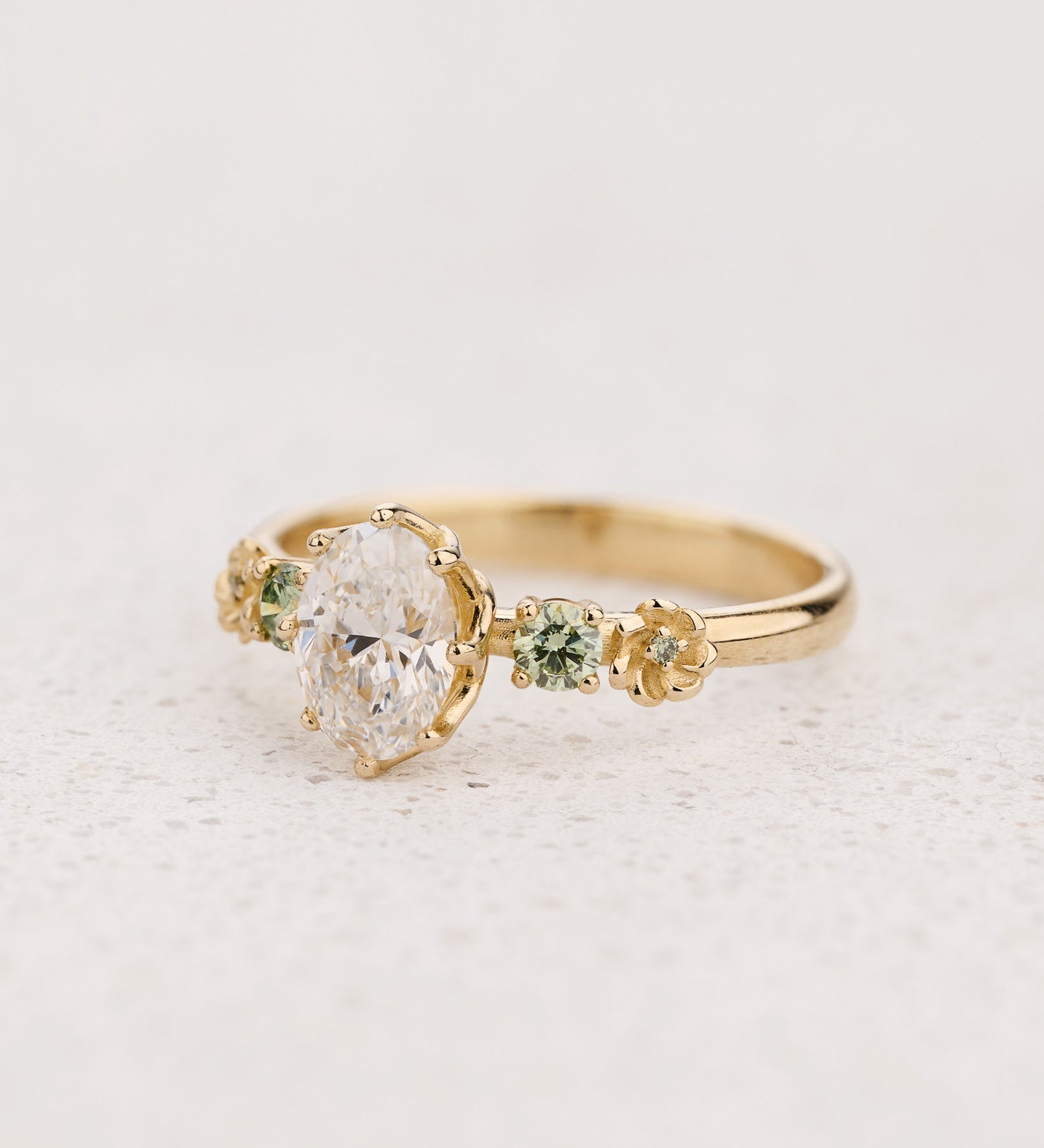 READY TO SHIP Fiorella Engagement Ring with Oval Diamond and Green Diamond Accents, 14K yellow gold, RING SIZES 7.5 - 10.5 US - Eden Garden Jewelry™
