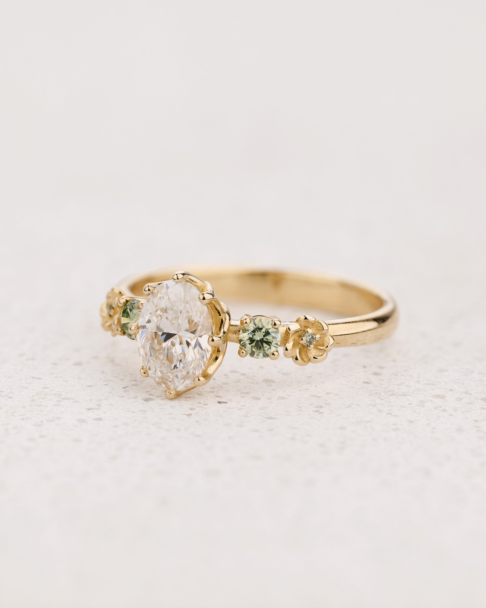 READY TO SHIP Fiorella Engagement Ring with Oval Diamond and Green Diamond Accents, 14K yellow gold, RING SIZES 7.5 - 10.5 US - Eden Garden Jewelry™
