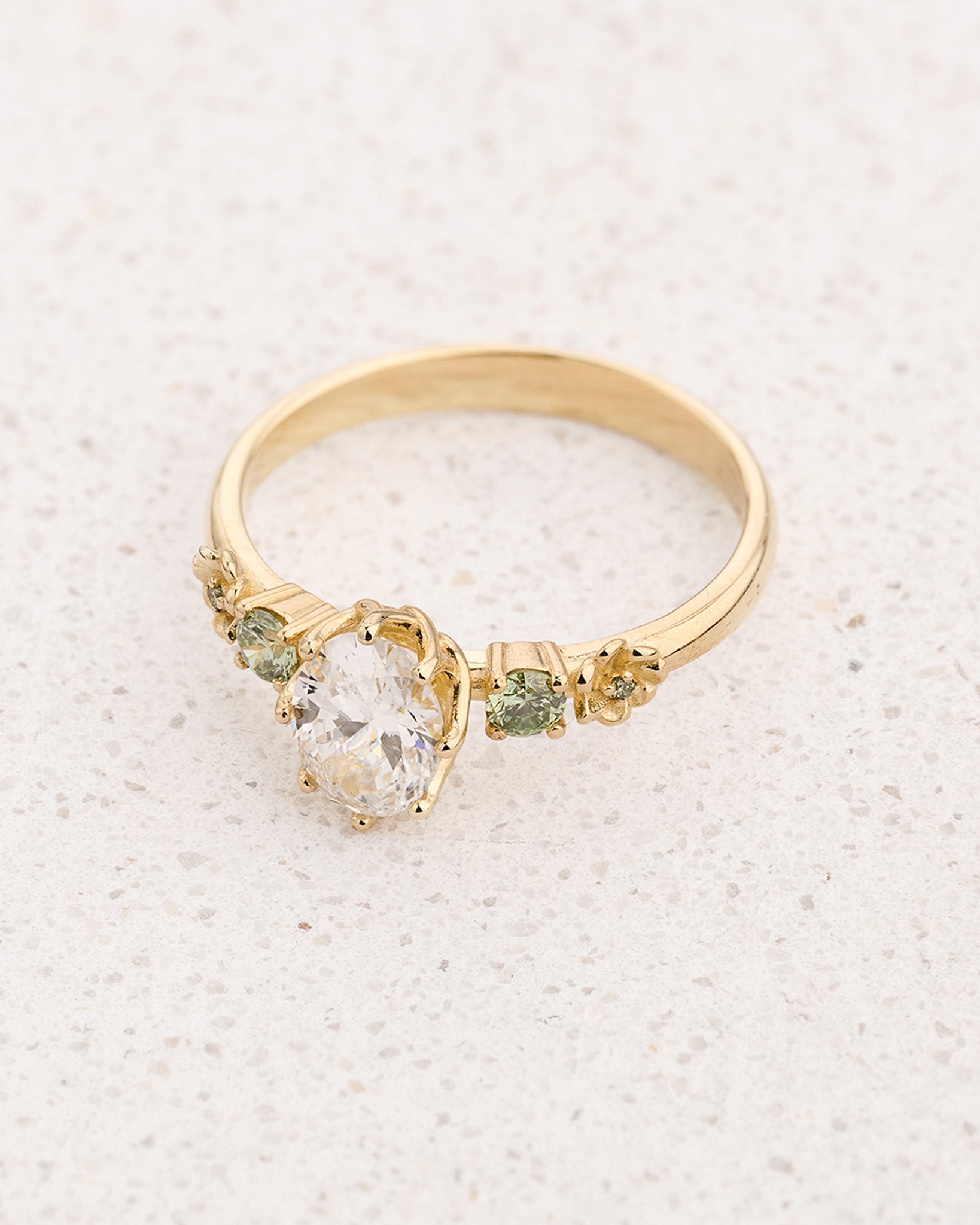 READY TO SHIP Fiorella Engagement Ring with Oval Diamond and Green Diamond Accents, 14K yellow gold, RING SIZES 7.5 - 10.5 US - Eden Garden Jewelry™