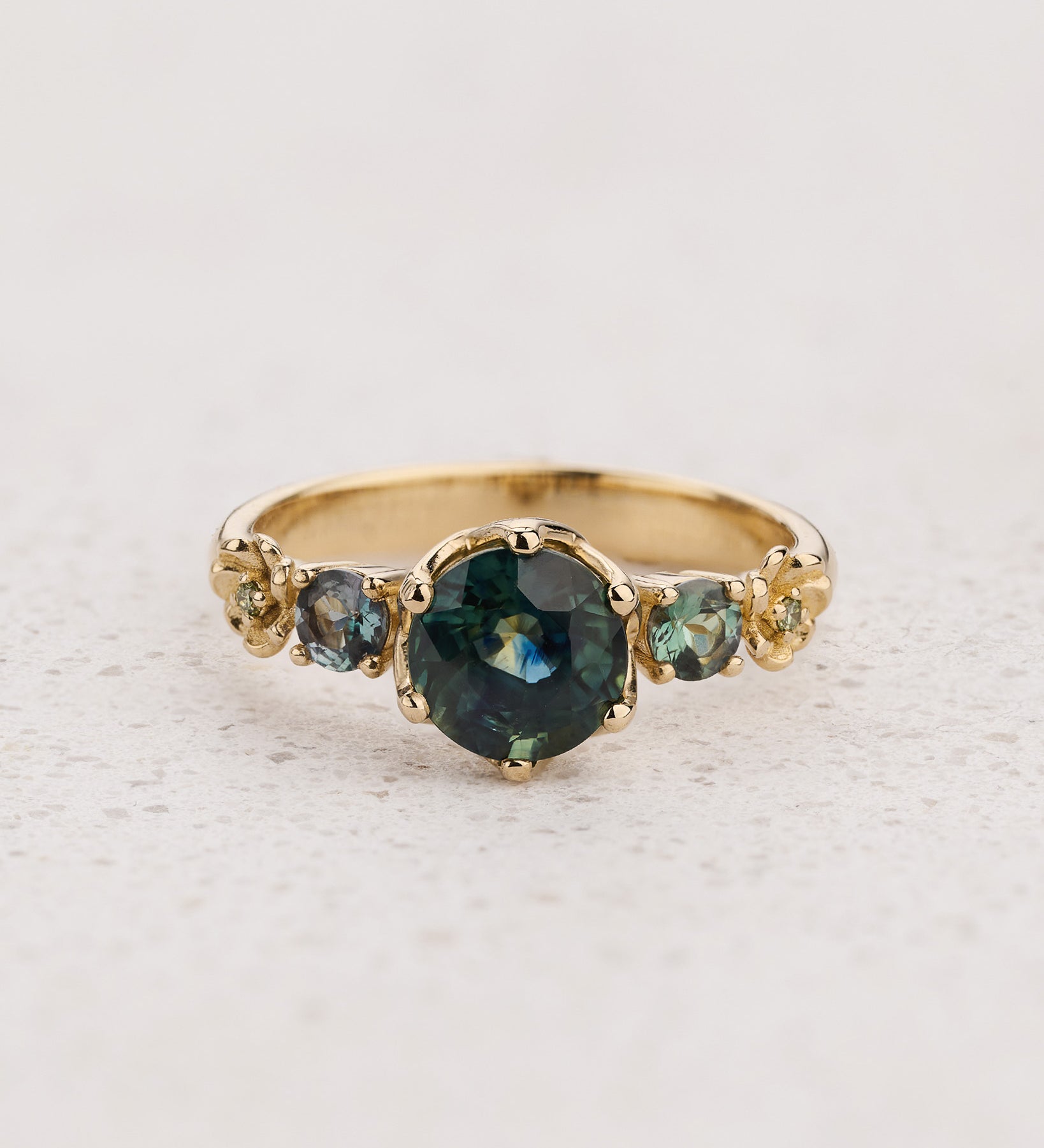 READY TO SHIP Fiorella Engagement Ring with Round Teal Sapphire, Accent Alexandrites and Diamonds, 14K yellow gold, AVAILABLE RING SIZES: 4 - 7 US - Eden Garden Jewelry™