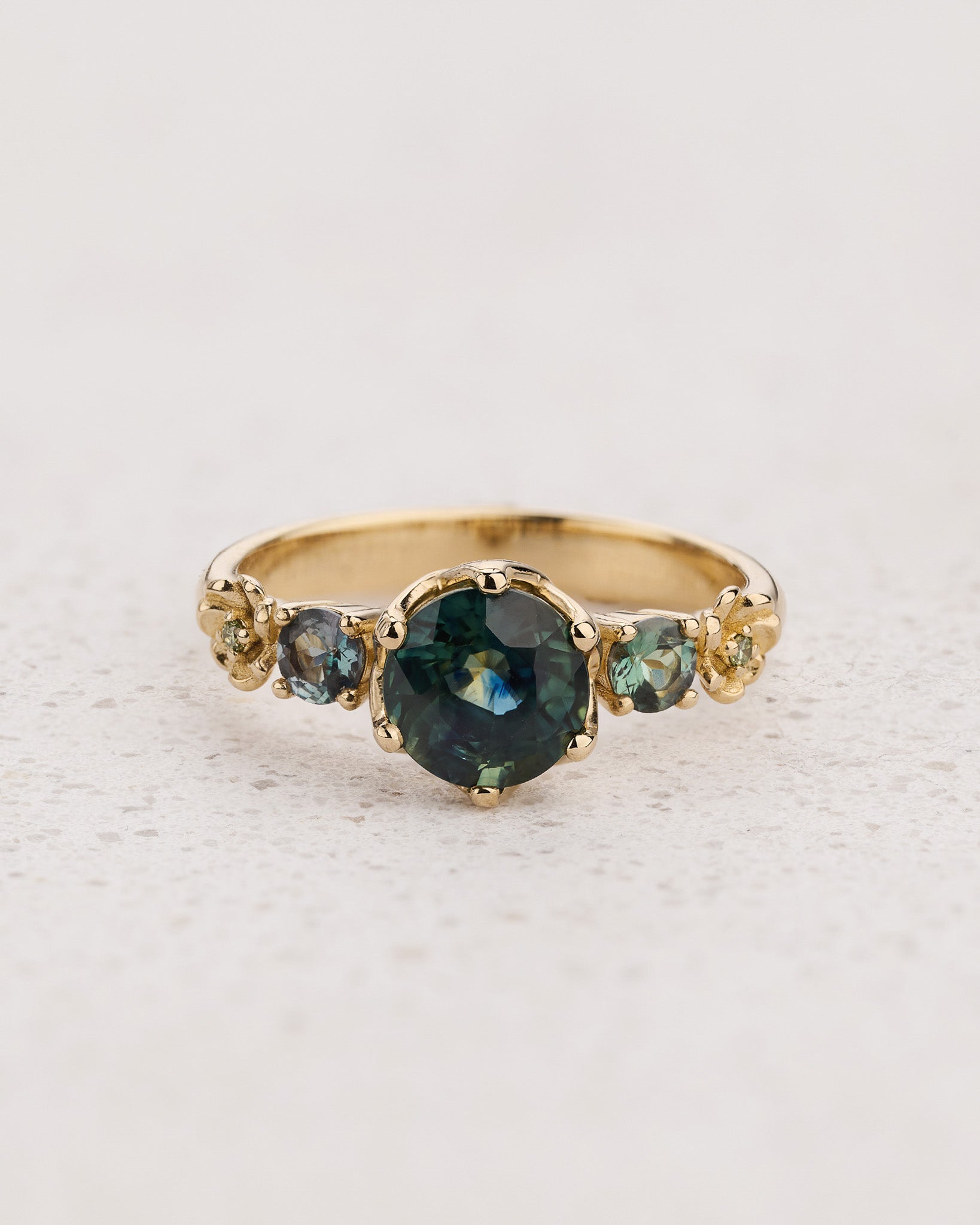 READY TO SHIP Fiorella Engagement Ring with Round Teal Sapphire, Accent Alexandrites and Diamonds, 14K yellow gold, AVAILABLE RING SIZES: 4 - 7 US - Eden Garden Jewelry™