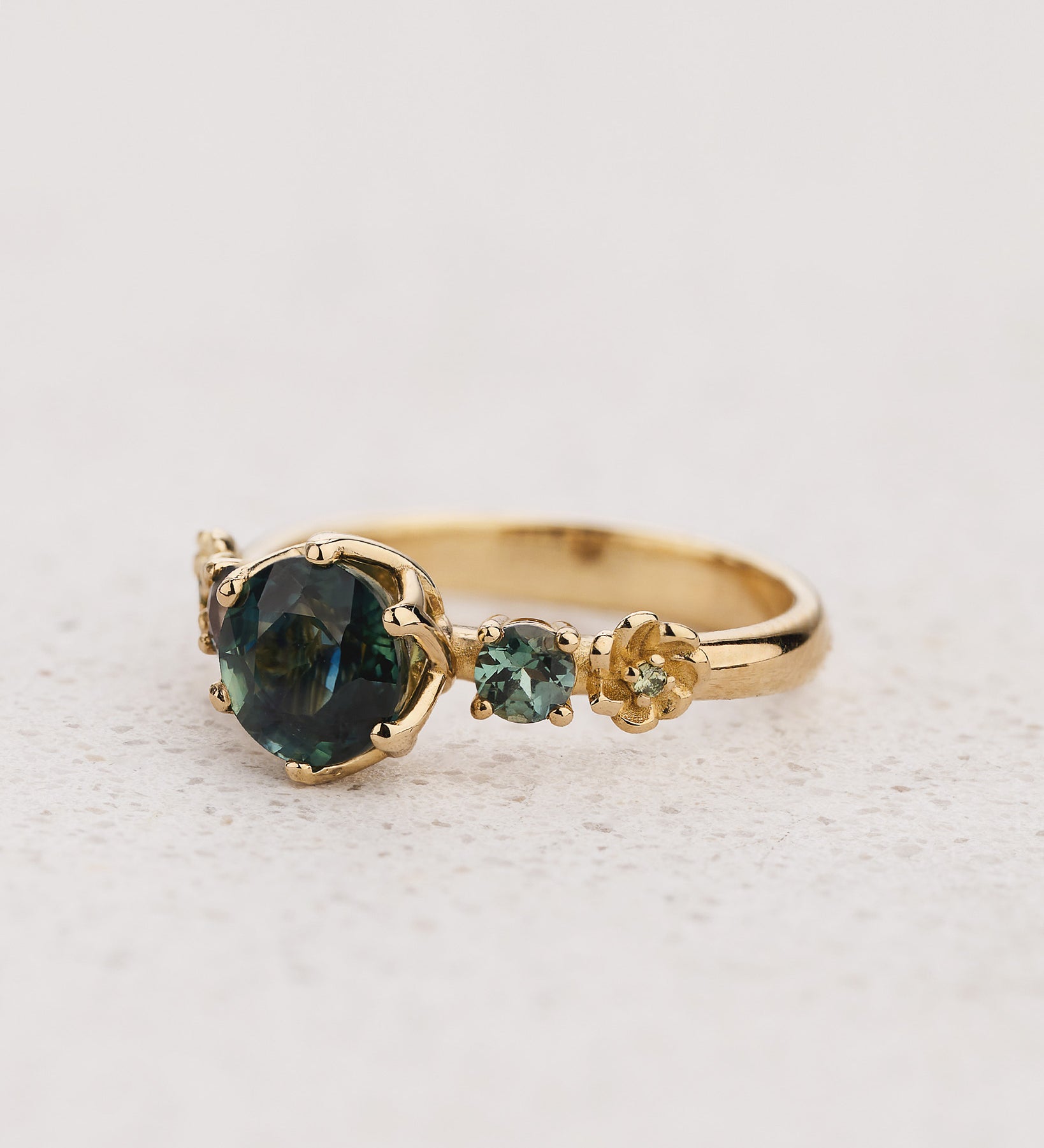 READY TO SHIP Fiorella Engagement Ring with Round Teal Sapphire, Accent Alexandrites and Diamonds, 14K yellow gold, AVAILABLE RING SIZES: 4 - 7 US - Eden Garden Jewelry™