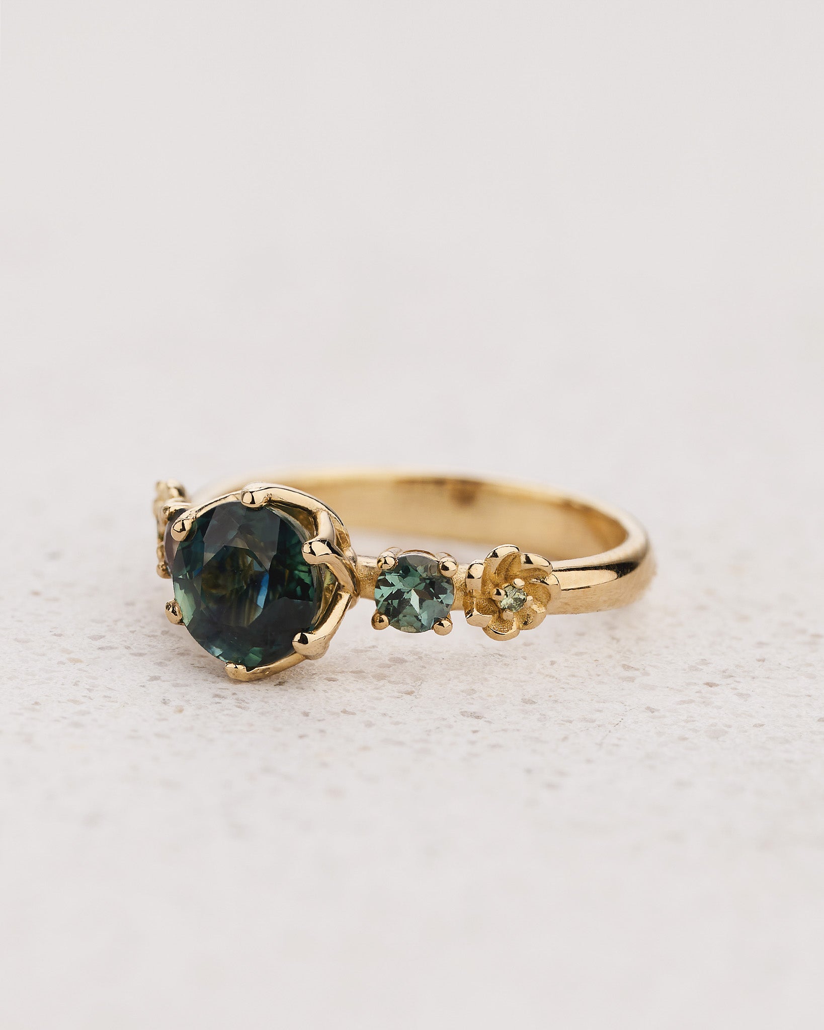 READY TO SHIP Fiorella Engagement Ring with Round Teal Sapphire, Accent Alexandrites and Diamonds, 14K yellow gold, AVAILABLE RING SIZES: 4 - 7 US - Eden Garden Jewelry™