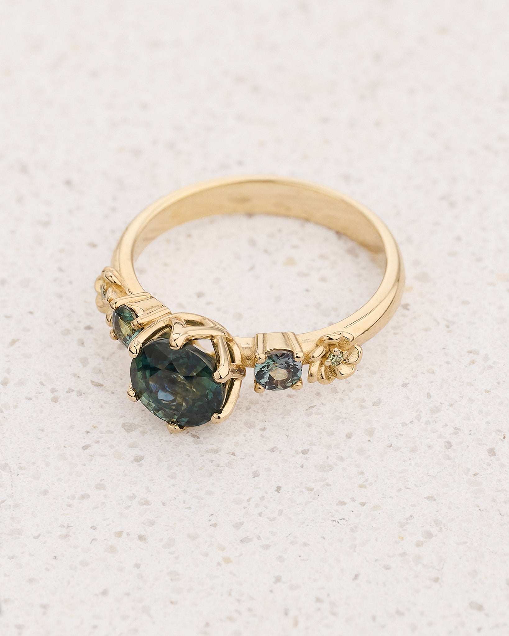 READY TO SHIP Fiorella Engagement Ring with Round Teal Sapphire, Accent Alexandrites and Diamonds, 14K yellow gold, AVAILABLE RING SIZES: 4 - 7 US - Eden Garden Jewelry™