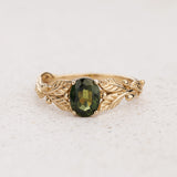 Leaf Engagement Ring with Oval Green Sapphire / Cornus - Eden Garden Jewelry™