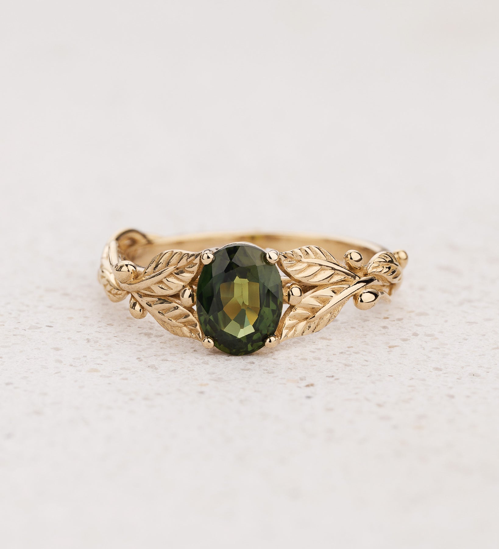 Leaf Engagement Ring with Oval Green Sapphire / Cornus - Eden Garden Jewelry™