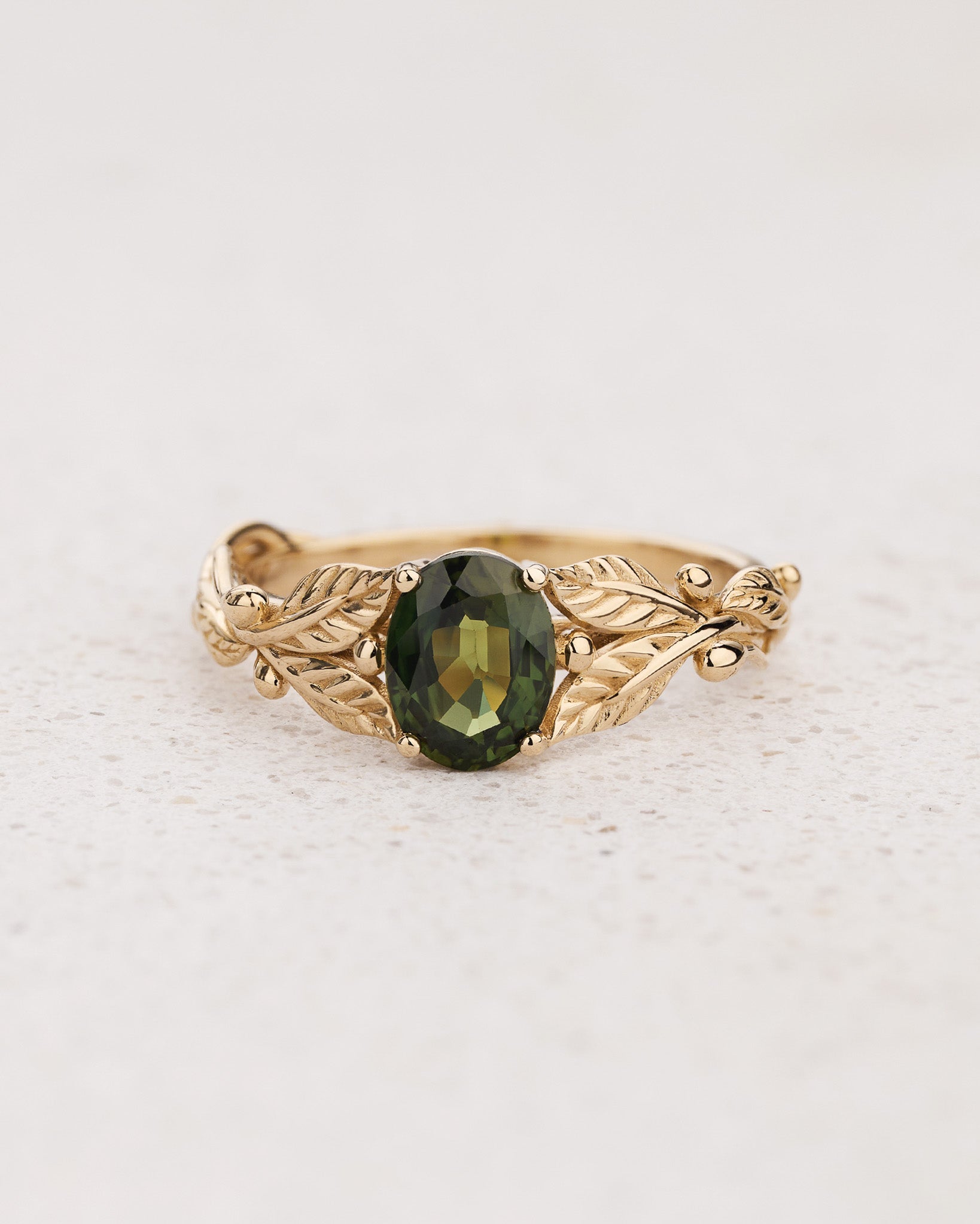 Leaf Engagement Ring with Oval Green Sapphire / Cornus - Eden Garden Jewelry™