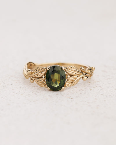 Leaf Engagement Ring with Oval Green Sapphire / Cornus - Eden Garden Jewelry™