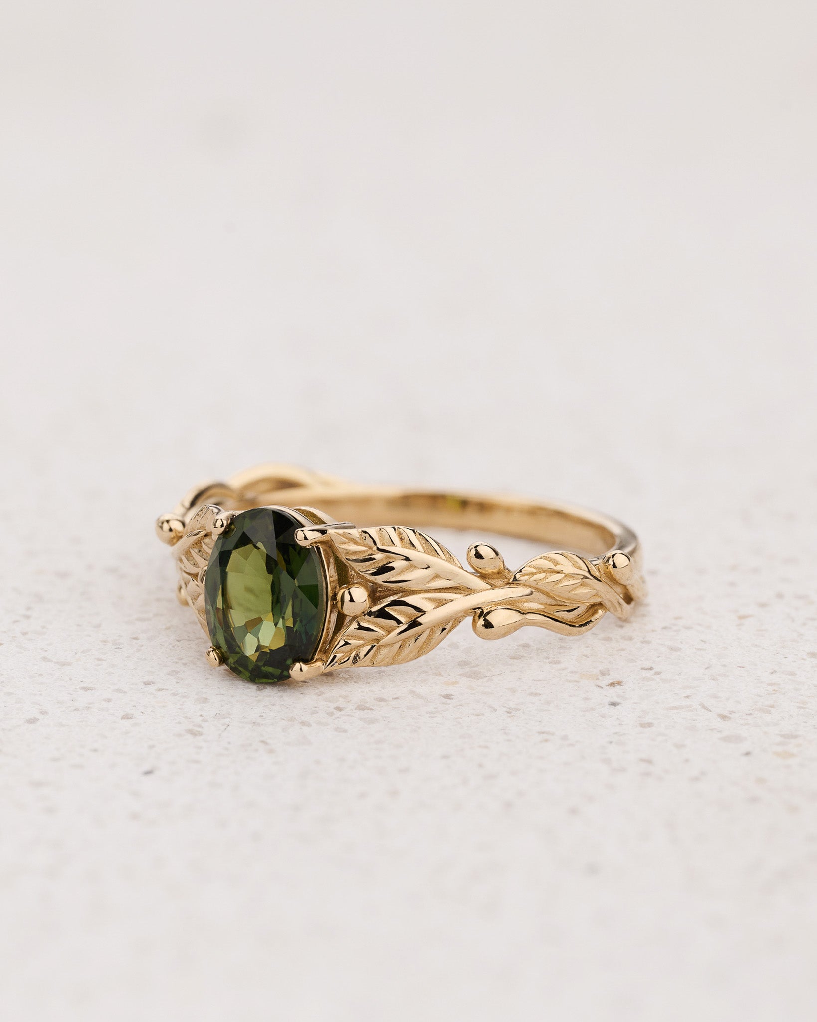 Leaf Engagement Ring with Oval Green Sapphire / Cornus - Eden Garden Jewelry™