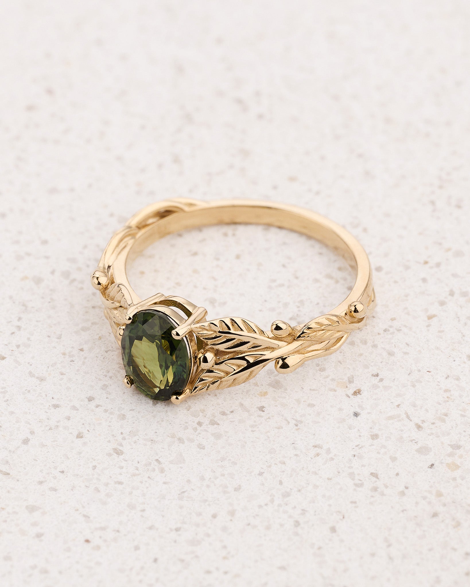 Leaf Engagement Ring with Oval Green Sapphire / Cornus - Eden Garden Jewelry™