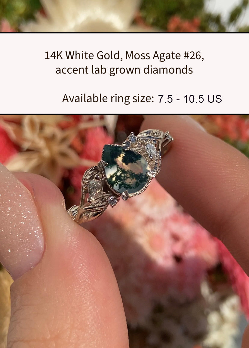 READY TO SHIP: Patricia ring in 14K white gold, natural moss agate pear cut 8x6 mm, accent lab grown diamonds, AVAILABLE RING SIZES: 6.5 - 10.5 US