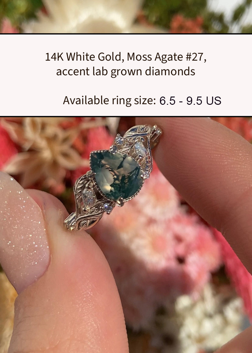 READY TO SHIP: Patricia ring in 14K white gold, natural moss agate pear cut 8x6 mm, accent lab grown diamonds, AVAILABLE RING SIZES: 6.5 - 10.5 US