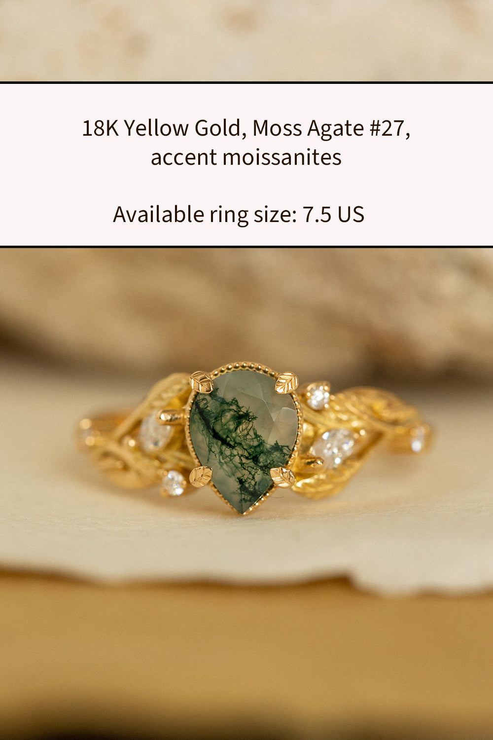 READY TO SHIP: Patricia ring in 14K or 18K yellow gold, natural moss agate pear cut 8x6 mm, accent moissanites, AVAILABLE RING SIZES: 5.5 - 8.5 US