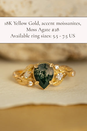 READY TO SHIP: Patricia ring in 14K or 18K yellow gold, natural moss agate pear cut 8x6 mm, accent moissanites, AVAILABLE RING SIZES: 4.5-9.5US - Eden Garden Jewelry™