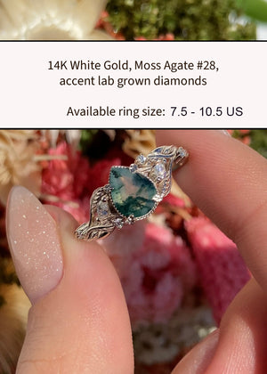 READY TO SHIP: Patricia ring in 14K white gold, natural moss agate pear cut 8x6 mm, accent lab grown diamonds, AVAILABLE RING SIZES: 6.5 - 10.5 US