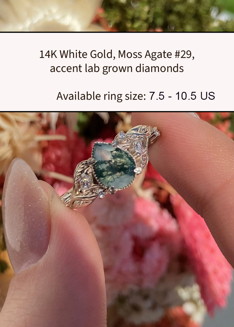 READY TO SHIP: Patricia ring in 14K white gold, natural moss agate pear cut 8x6 mm, accent lab grown diamonds, AVAILABLE RING SIZES: 6.5 - 10.5 US