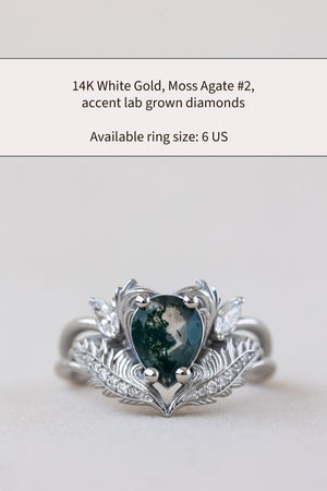 READY TO SHIP: Adonis ring in 14K or 18K white gold, pear cut moss agate, accent lab grown diamonds, RING SIZES: 6US, 7US, 7.25US