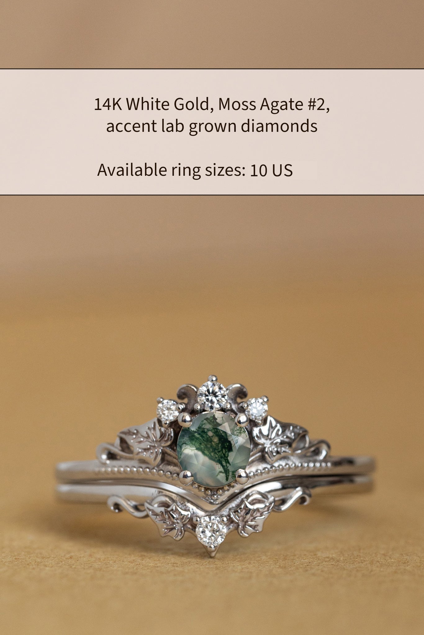 READY TO SHIP: Ariadne bridal ring set in 14K white gold, natural moss agate 5 mm, accent lab grown diamonds, AVAILABLE RING SIZES: 7 US, 10 US