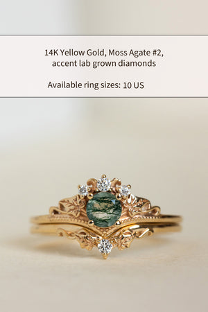 READY TO SHIP: Ariadne bridal ring set in 14K or 18K yellow gold, round moss agate, accents lab grown diamonds, AVAILABLE RING SIZES: 6 US, 7 US, 10 US