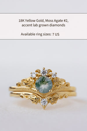 READY TO SHIP: Ariadne bridal ring set in 14K or 18K yellow gold, round moss agate, accents lab grown diamonds, AVAILABLE RING SIZES: 6 US, 7 US, 10 US