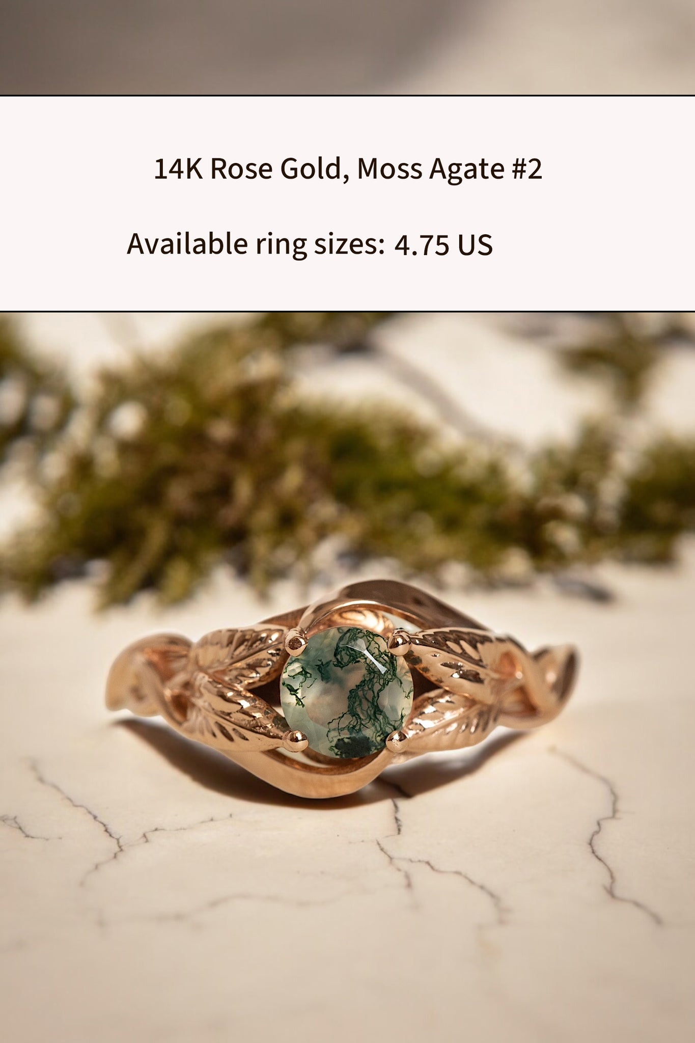 READY TO SHIP: Azalea ring in 14K rose gold, natural moss agate round cut 5 mm, AVAILABLE RING SIZES: 4.75US, 5US, 8US