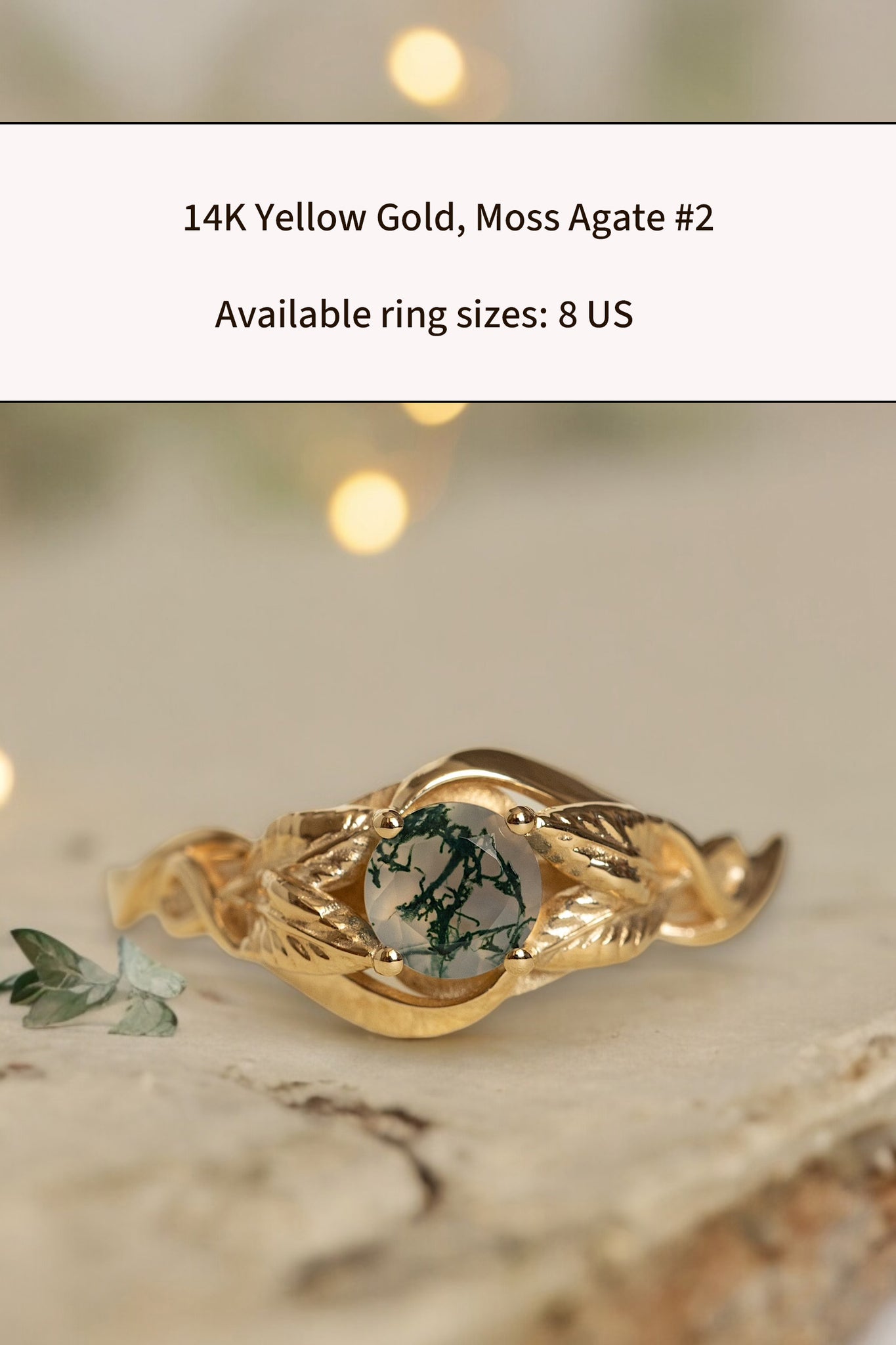 READY TO SHIP: Azalea ring in 14K yellow gold, natural moss agate round cut 5 mm, AVAILABLE RING SIZES: 5 US, 8 US