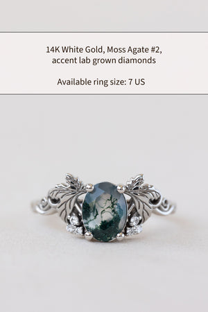 READY TO SHIP: Vineyard engagement ring in 14K white gold, oval moss agate, accents lab grown diamonds, RING SIZE: 7 US