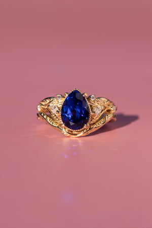 READY TO SHIP: Patricia set in 14K yellow gold, lab created pear cut blue sapphire 10x7 mm, moissanites, RING SIZE 7 US - Eden Garden Jewelry™