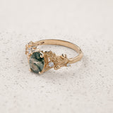 Moss agate engagement ring, gold oak leaves and diamonds proposal ring / Silviya - Eden Garden Jewelry™