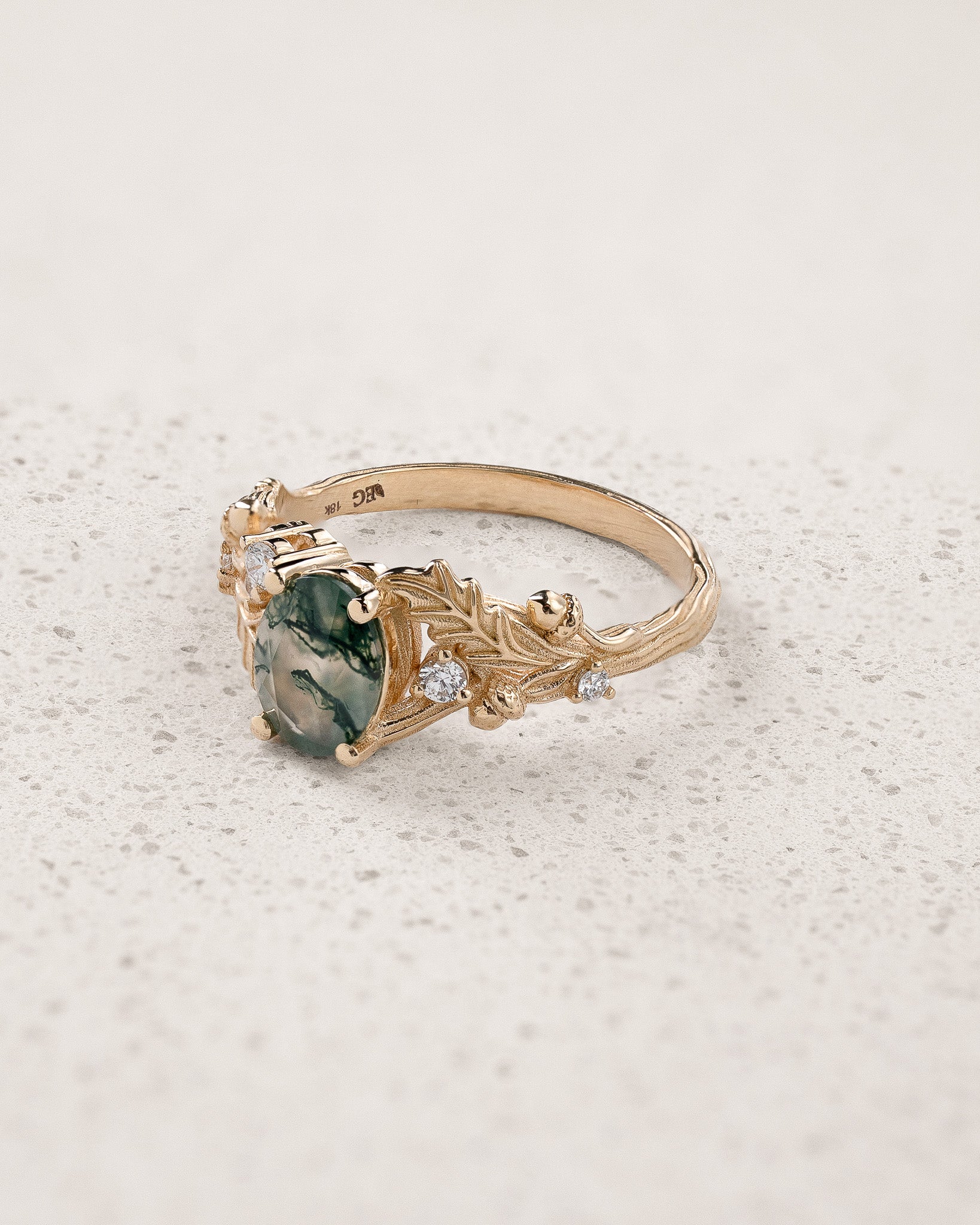 Moss agate engagement ring, gold oak leaves and diamonds proposal ring / Silviya - Eden Garden Jewelry™