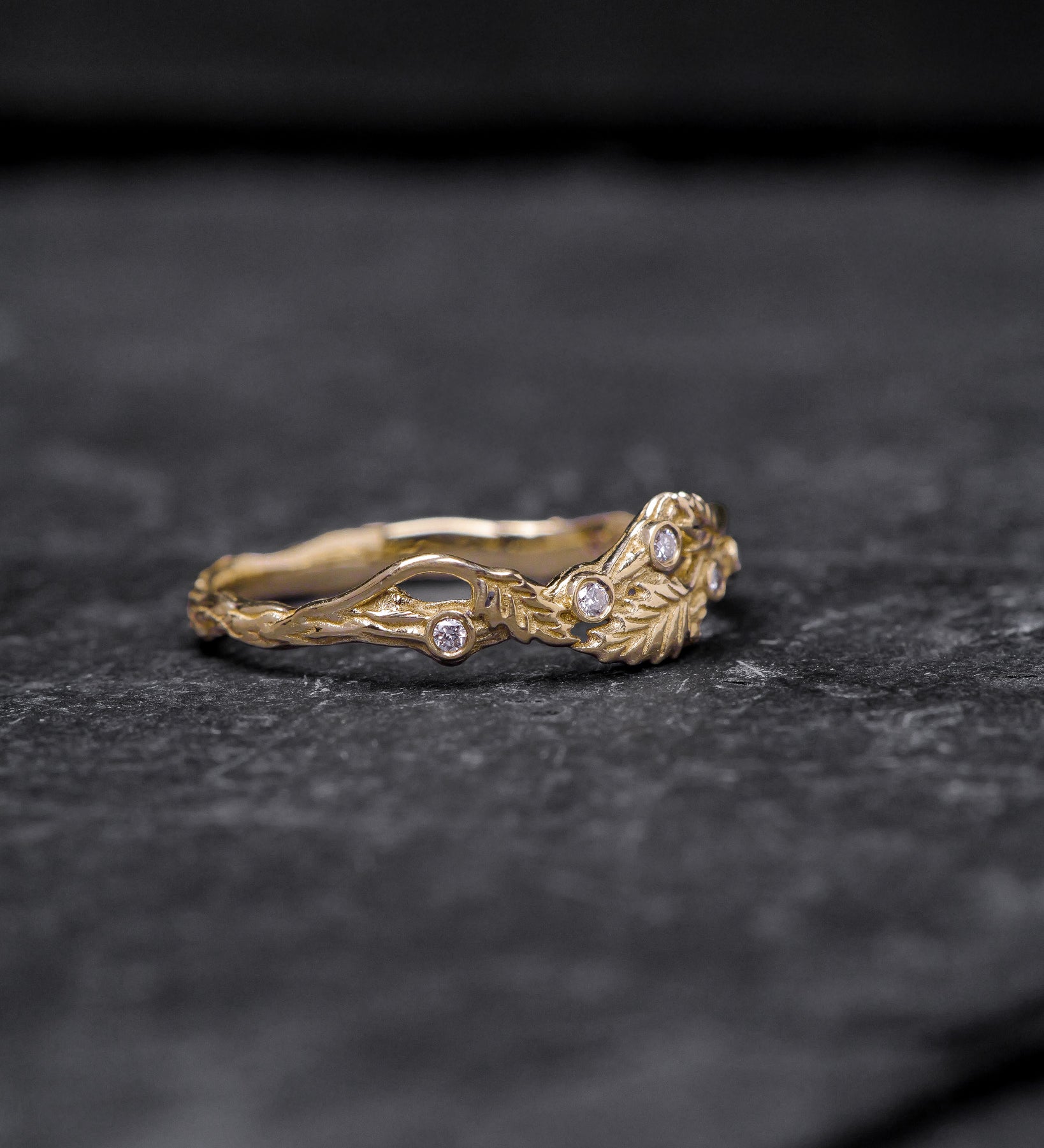 Twig ring with diamonds and three leaves, branch wedding band - Eden Garden Jewelry™