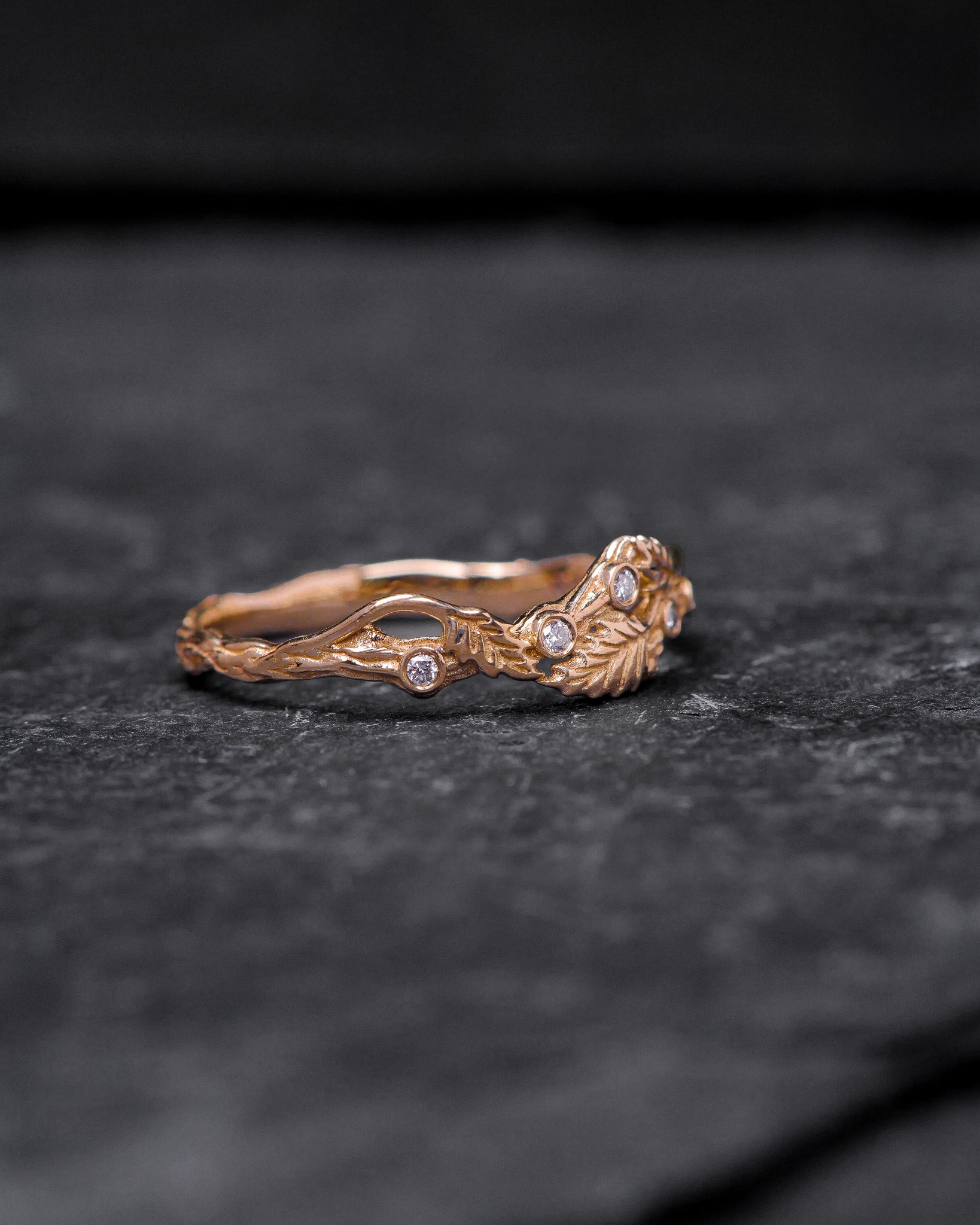 Twig ring with diamonds and three leaves, branch wedding band - Eden Garden Jewelry™