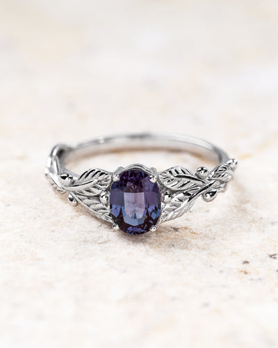 Alexandrite engagement ring, oval cut gemstone gold leaf promise ring / Cornus slim version - Eden Garden Jewelry™