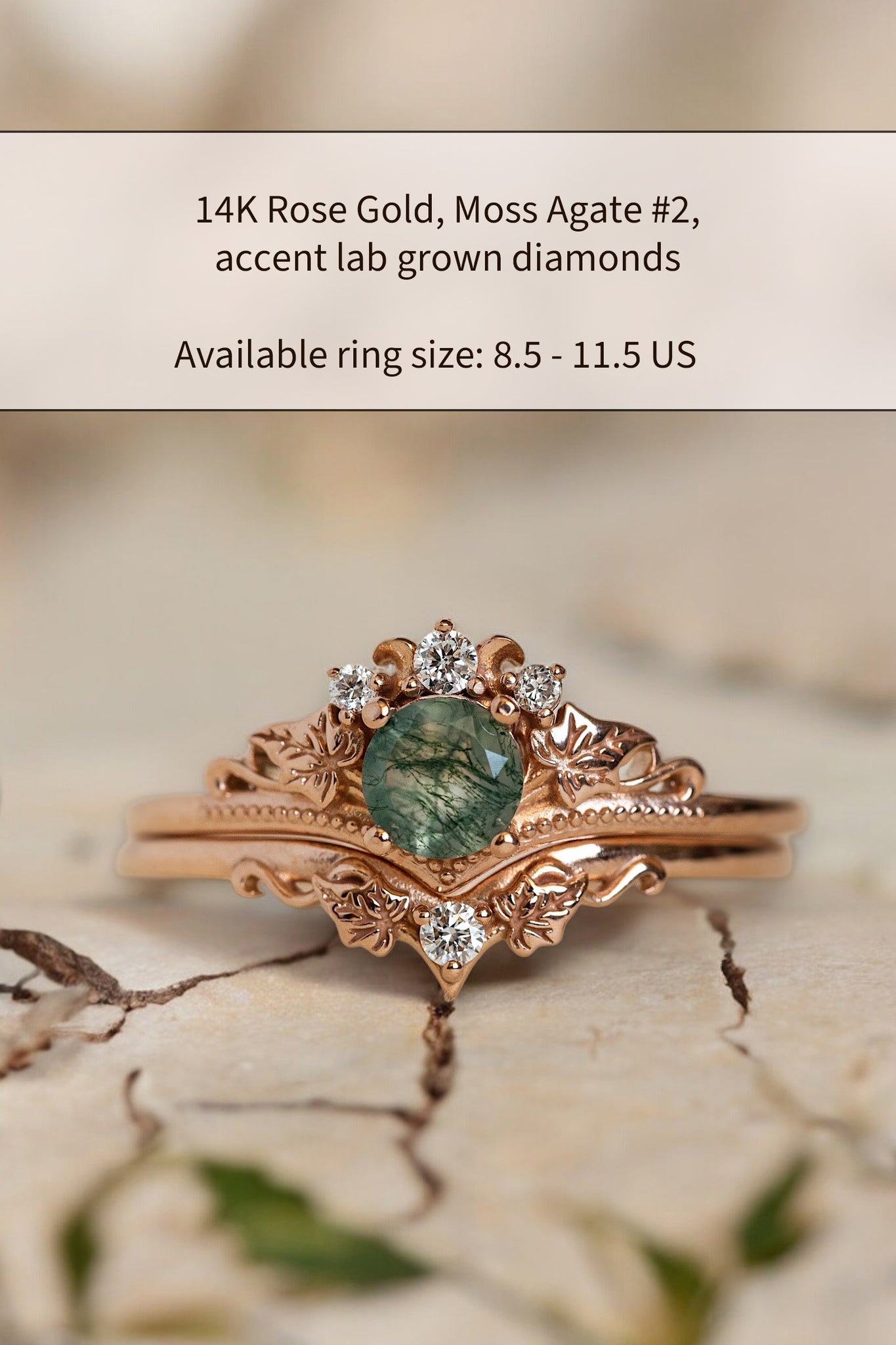 READY TO SHIP: Ariadne bridal ring set in 14K rose gold, round moss agate, accents lab grown diamonds, AVAILABLE RING SIZE: 8.5 - 11.5 US