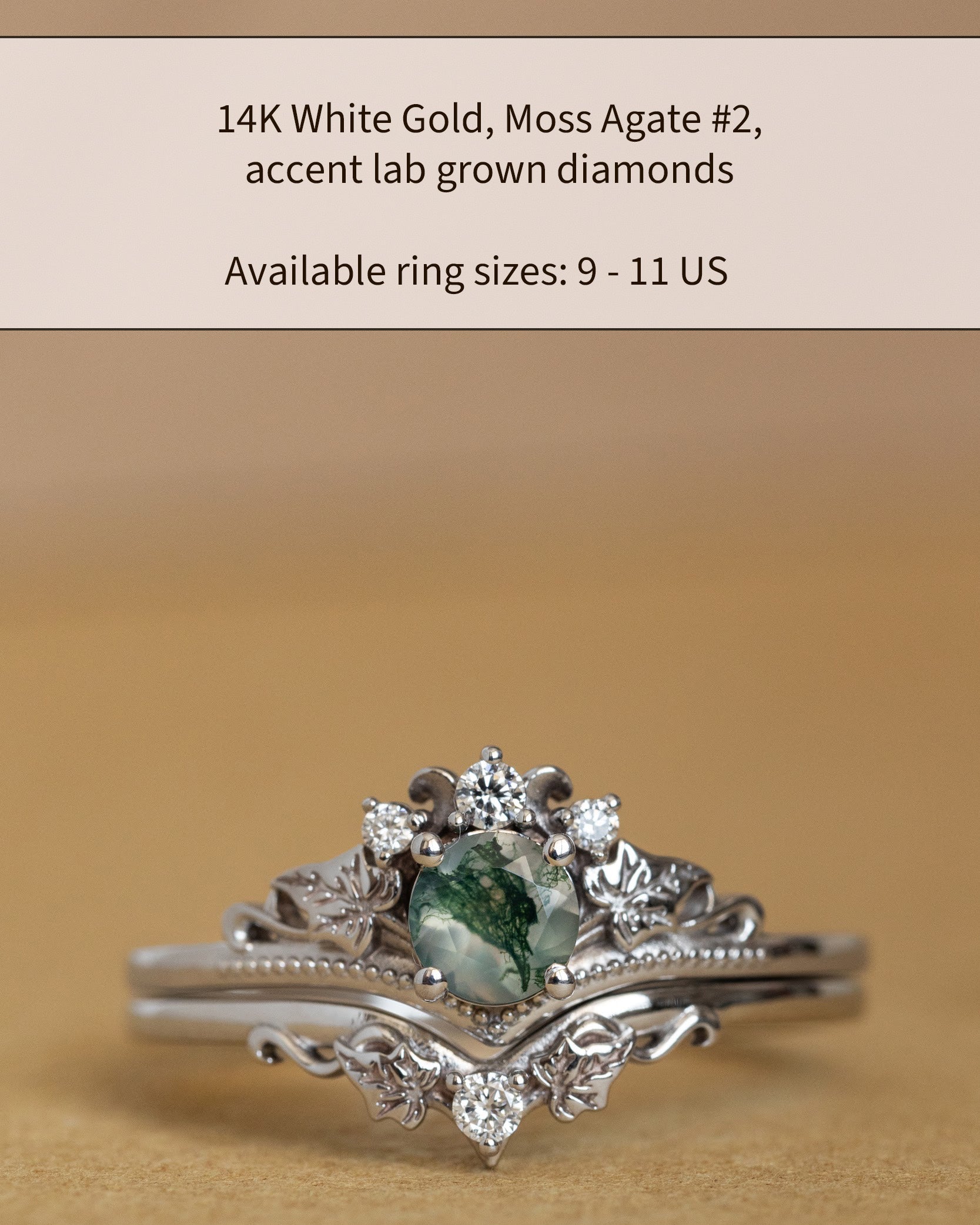 READY TO SHIP: Ariadne bridal ring set in 14K white gold, natural moss agate 5 mm, accent lab grown diamonds, AVAILABLE RING SIZES: 5.5 - 11 US - Eden Garden Jewelry™