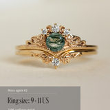 READY TO SHIP: Ariadne bridal ring set in 14K yellow gold, round moss agate, accents lab grown diamonds, AVAILABLE RING SIZES: 5.5 - 11 US