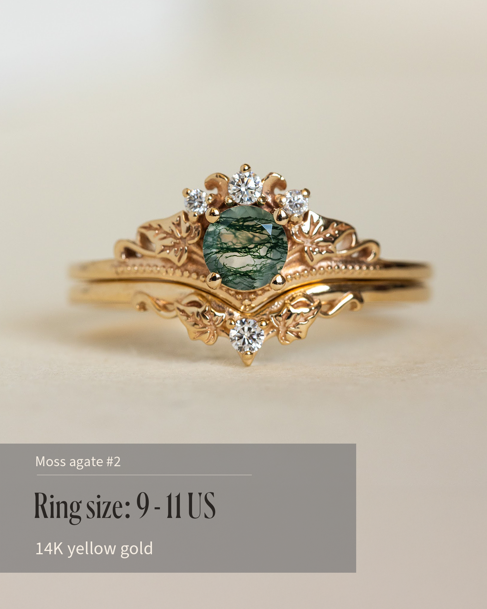 READY TO SHIP Ariadne bridal ring set in 14K yellow gold, round moss agate, accents lab grown diamonds, AVAILABLE RING SIZES: 5.5 - 11 US - Eden Garden Jewelry™