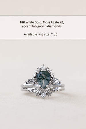 READY TO SHIP: Ariadne ring in 14K or 18K white gold, pear cut moss agate, accent lab grown diamonds, RING SIZE:  7US