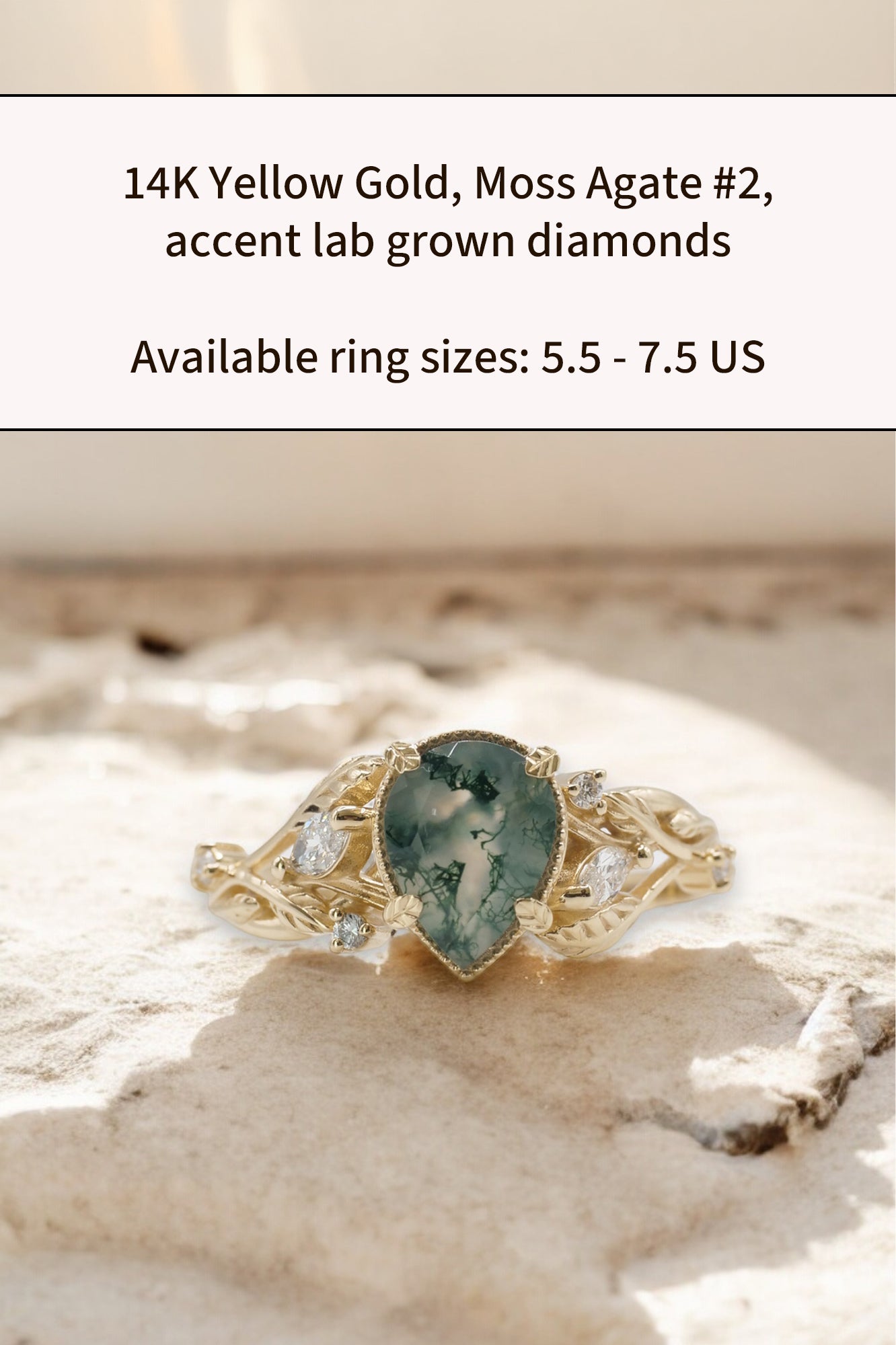 READY TO SHIP: Patricia ring in 14K or 18K yellow gold, natural moss agate pear cut 8x6 mm, accent lab grown diamonds, AVAILABLE RING SIZES: 5.5-10 US