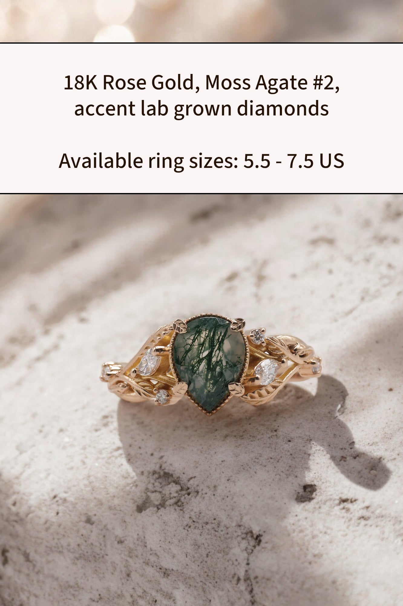 READY TO SHIP: Patricia ring in 14K or 18K rose gold, natural moss agate pear cut 8x6 mm, accent lab grown diamonds, AVAILABLE RING SIZES: 4.5-10 US