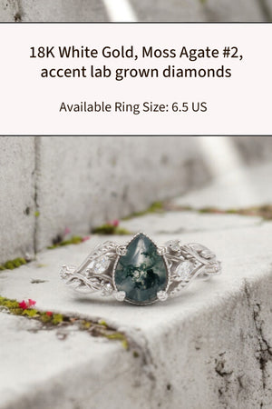 READY TO SHIP: Patricia ring in 18K white gold, natural moss agate pear cut 8x6 mm, accent lab grown diamonds, AVAILABLE RING SIZES: 6.5 US, 9 US