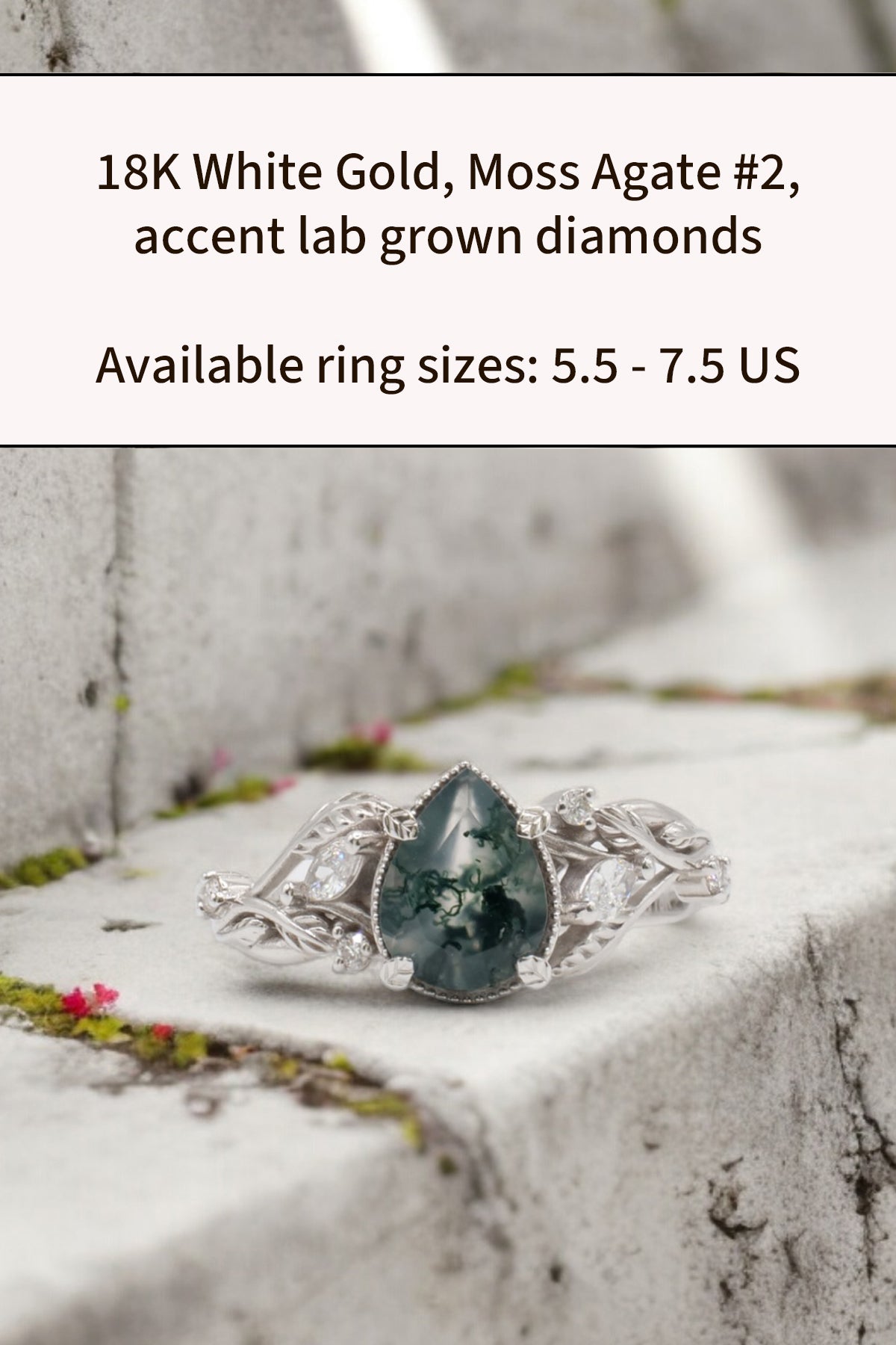 READY TO SHIP: Patricia ring in 18K white gold, natural moss agate pear cut 8x6 mm, accent lab grown diamonds, AVAILABLE RING SIZES: 5.5-10 US