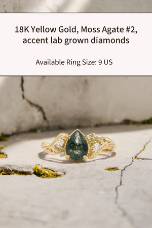 READY TO SHIP: Patricia ring in 14K or 18K yellow gold, natural moss agate pear cut 8x6 mm, accent lab grown diamonds, AVAILABLE RING SIZES: 6.5US, 9US