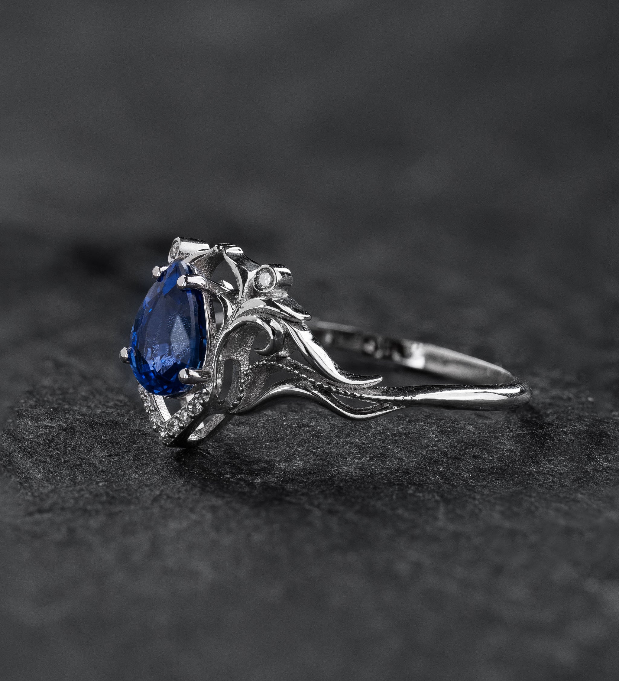 READY TO SHIP: Lida art nouveau engagement ring in 14K white gold, natural blue sapphire with lab diamonds, RING SIZE: 5.5 - 8.5 US - Eden Garden Jewelry™