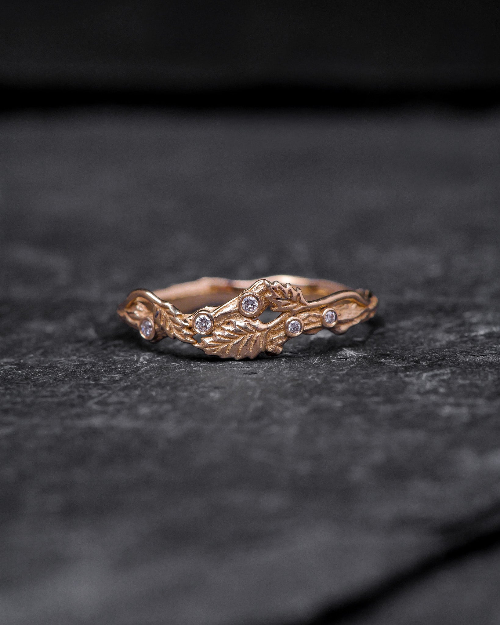 Twig ring with diamonds and three leaves, branch wedding band - Eden Garden Jewelry™