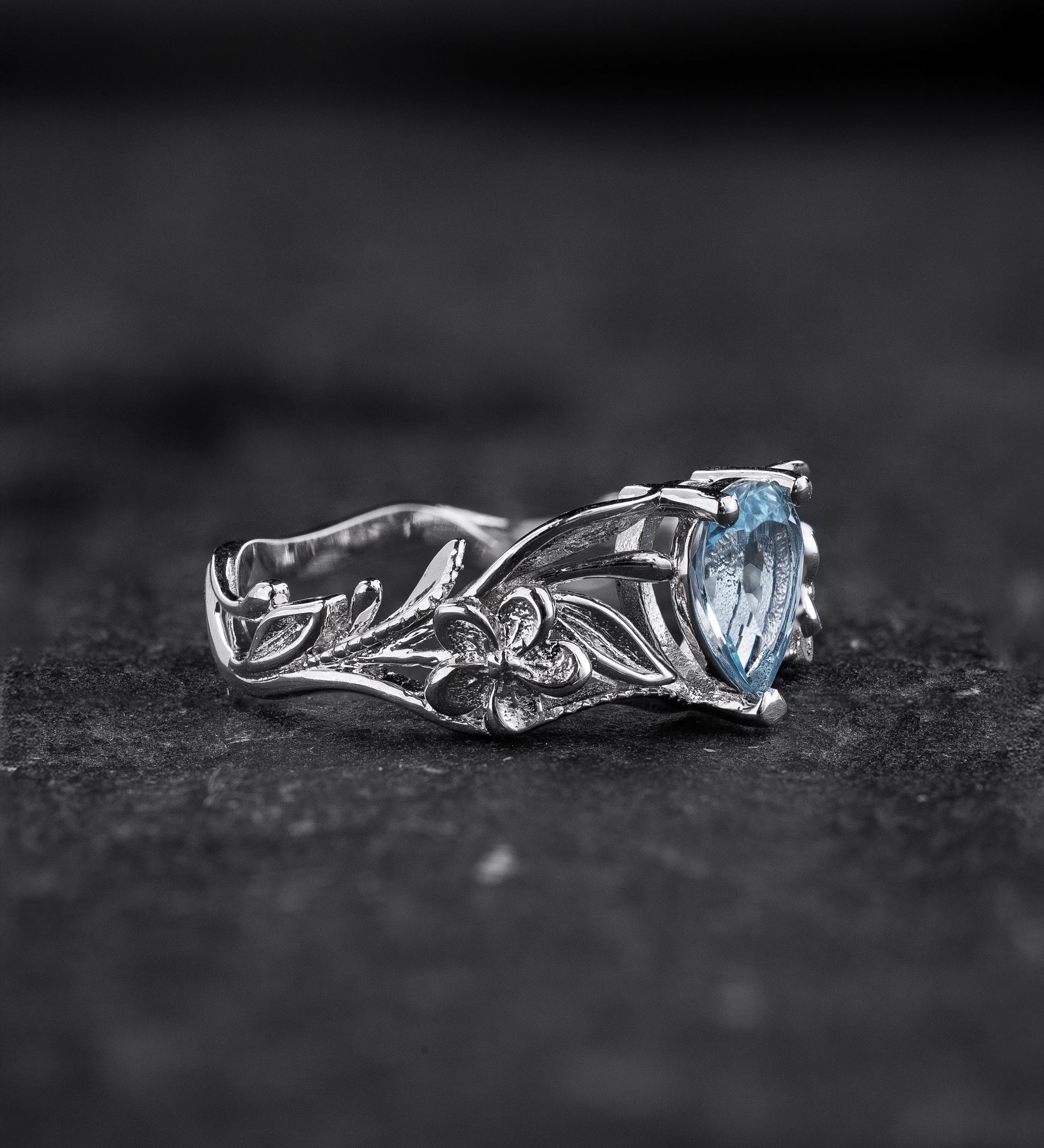 Gold flower engagement ring with natural aquamarine, art nouveau proposal ring / Eloise - Eden Garden Jewelry™