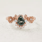 Pear cut moss agate engagement ring with half-halo of diamonds / Adelina - Eden Garden Jewelry™