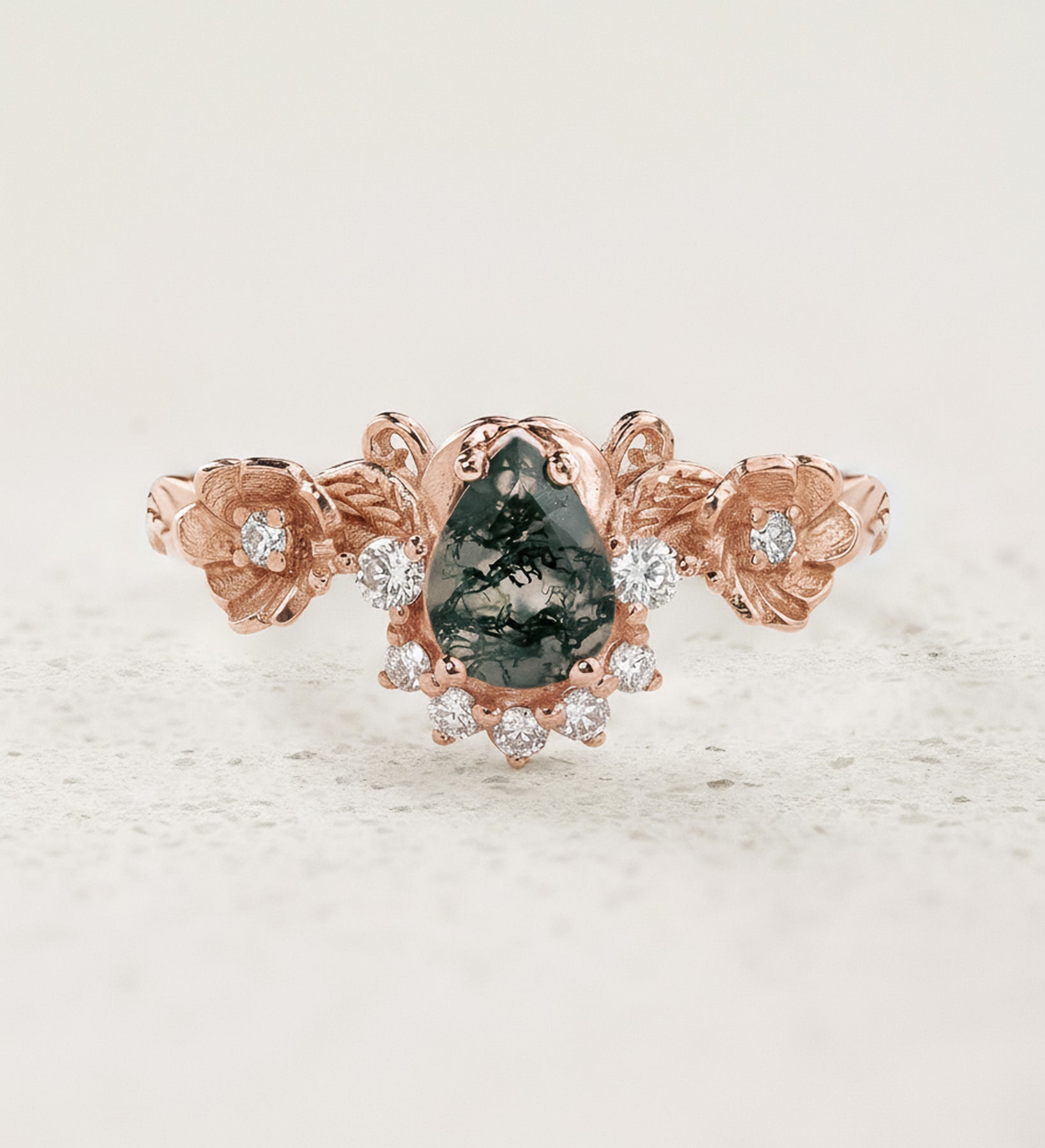 Pear cut moss agate engagement ring with half-halo of diamonds / Adelina - Eden Garden Jewelry™