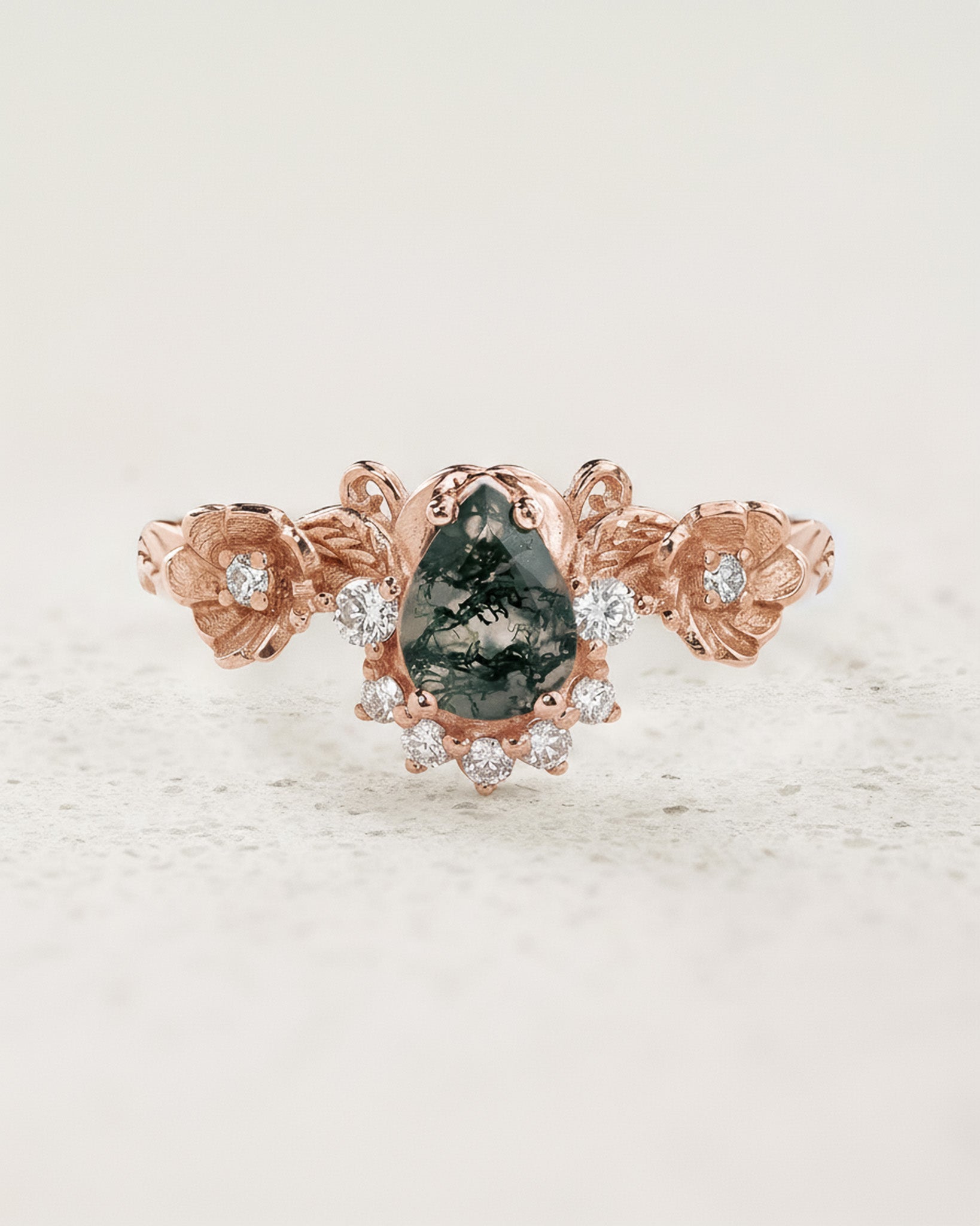 Pear cut moss agate engagement ring with half-halo of diamonds / Adelina - Eden Garden Jewelry™